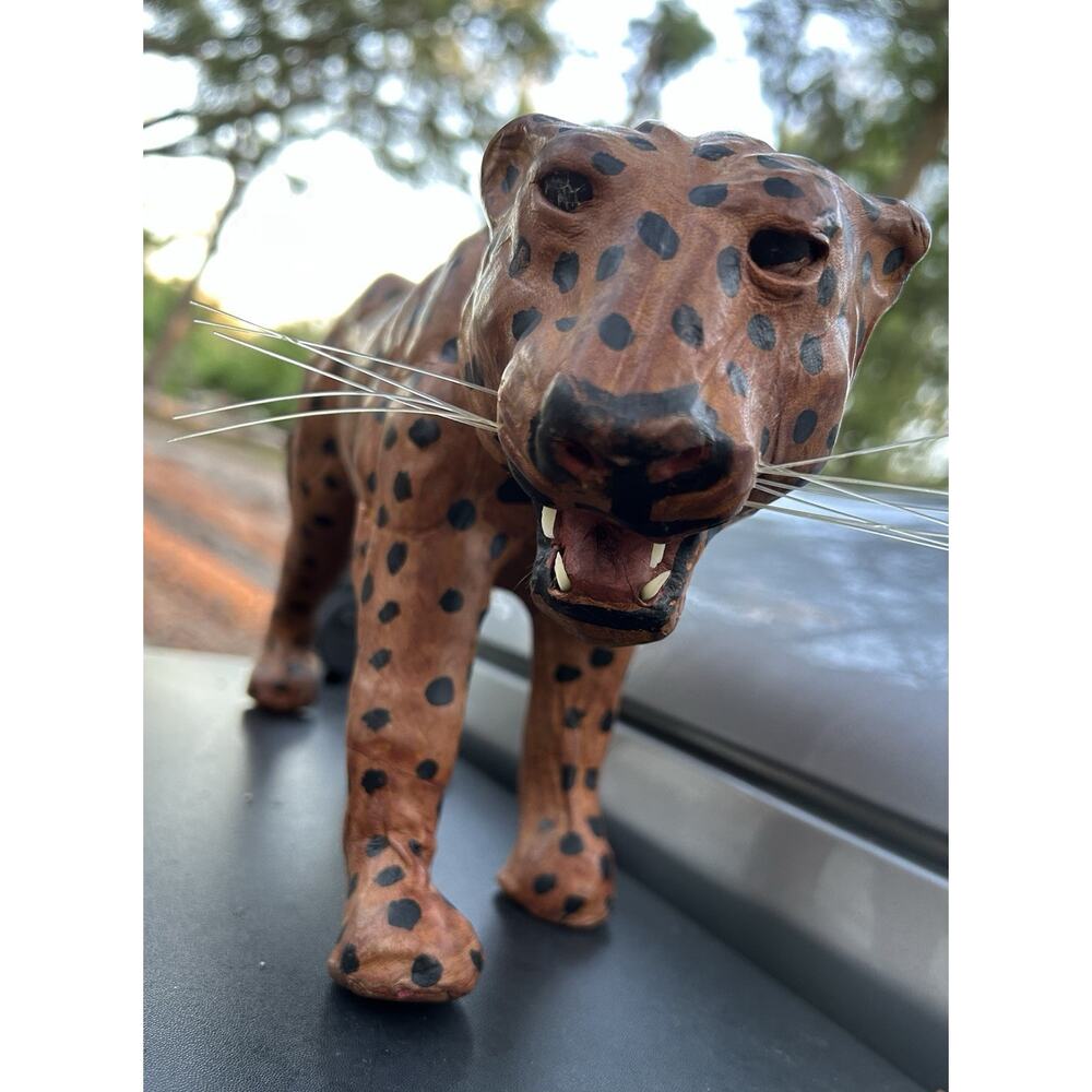 Mid-Century Leather Leopard Panther Sculpture Vintage 60s. MCM Decor